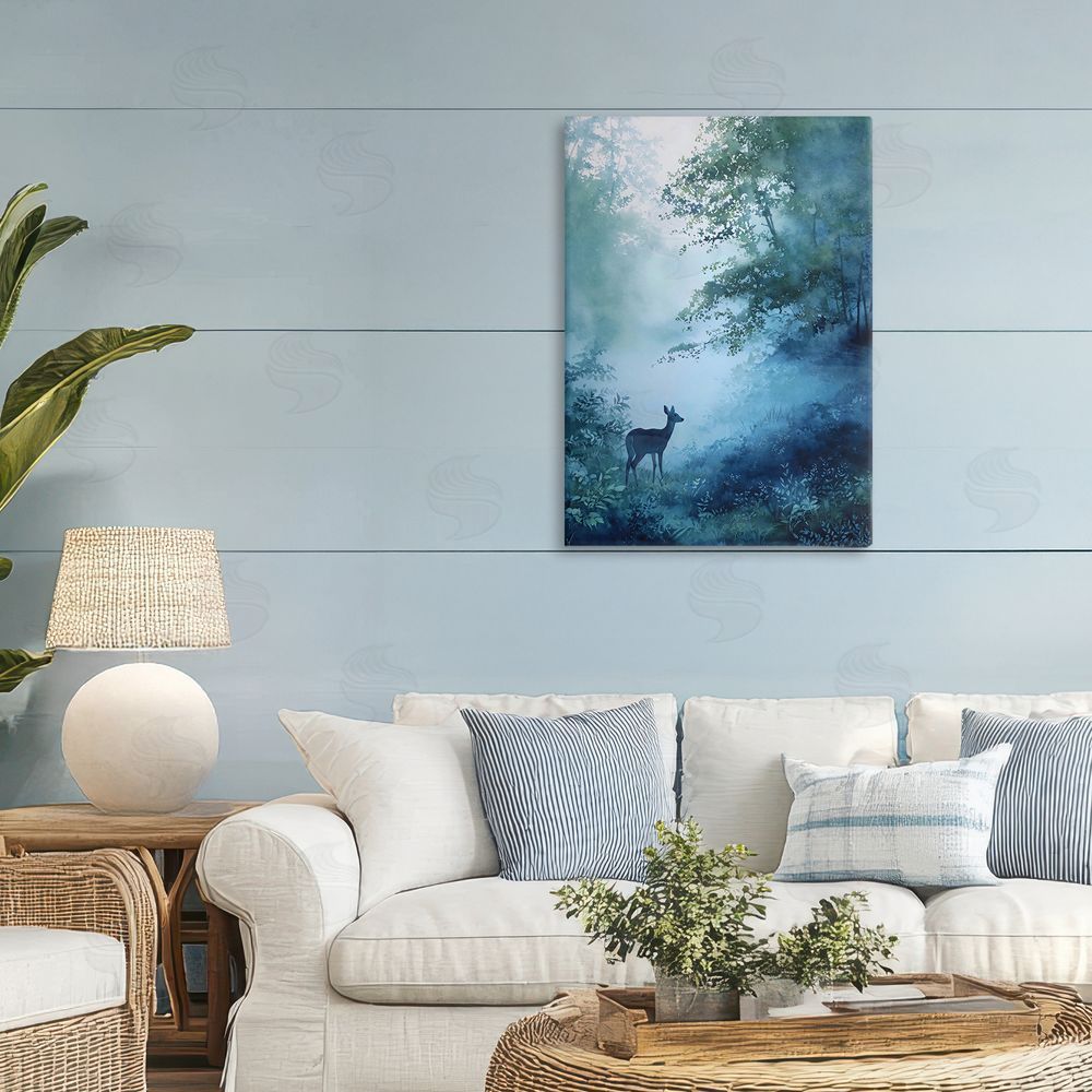 Franklyn Gregory Blue Dawn Deer in Mist Stretched Canvas Wall Art Print in Room