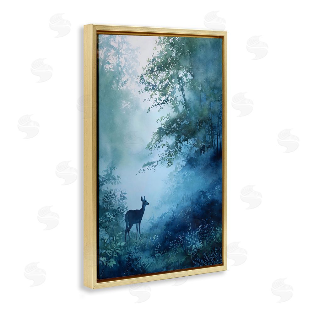 Franklyn Gregory Blue Dawn Deer in Mist Gold Floating Frame Stretched Canvas Wall Art Print