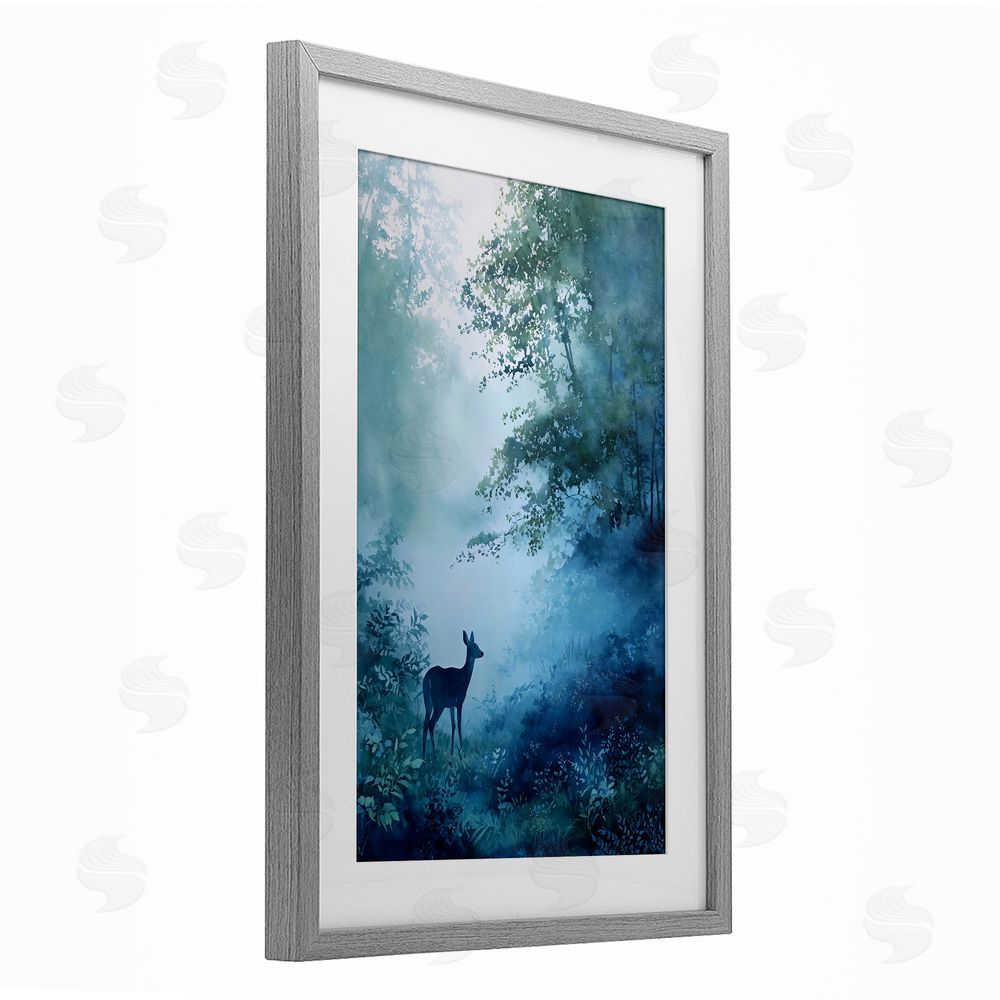 Franklyn Gregory Blue Dawn Deer in Mist Gray Framed Print Under Glass with Matting Wall Art