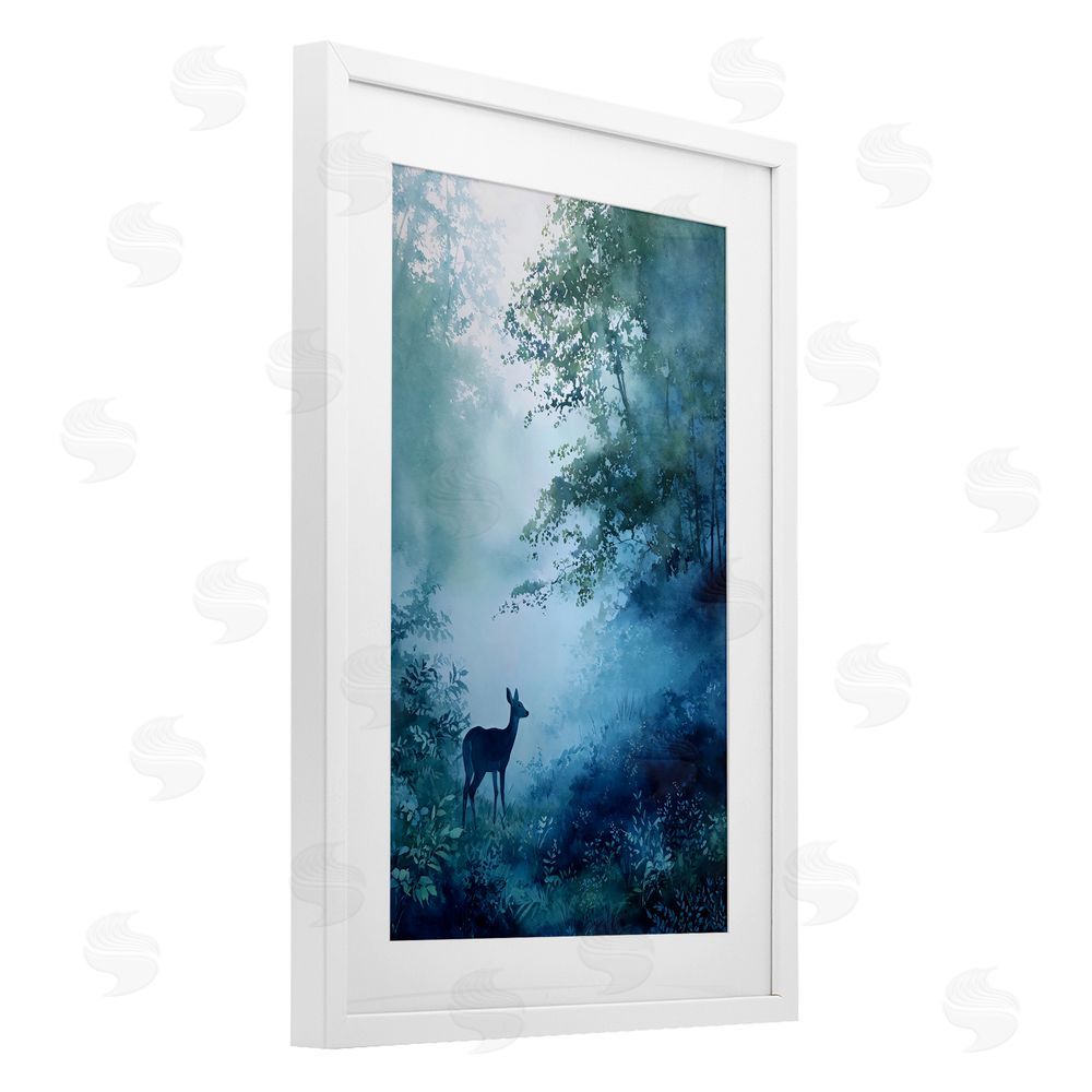 Franklyn Gregory Blue Dawn Deer in Mist White Framed Print Under Glass with Matting Wall Art