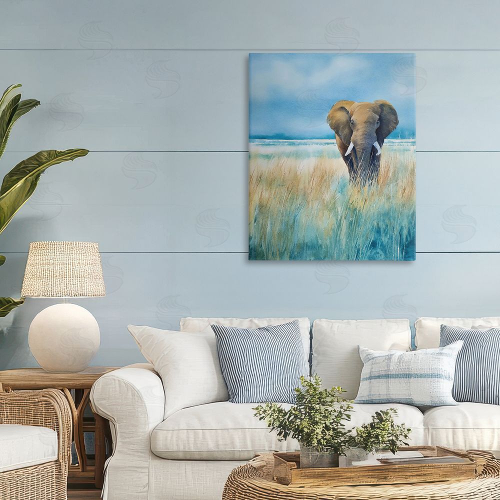 Franklyn Gregory Blue Grass Elephant Stretched Canvas Wall Art Print in Room