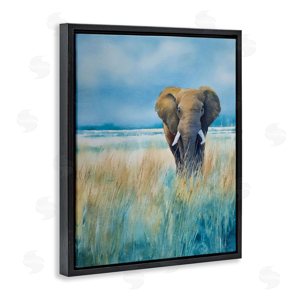 Franklyn Gregory Blue Grass Elephant Black Floating Frame Stretched Canvas Wall Art Print