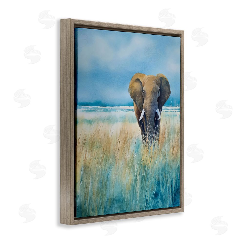 Franklyn Gregory Blue Grass Elephant Brown Floating Frame Stretched Canvas Wall Art Print