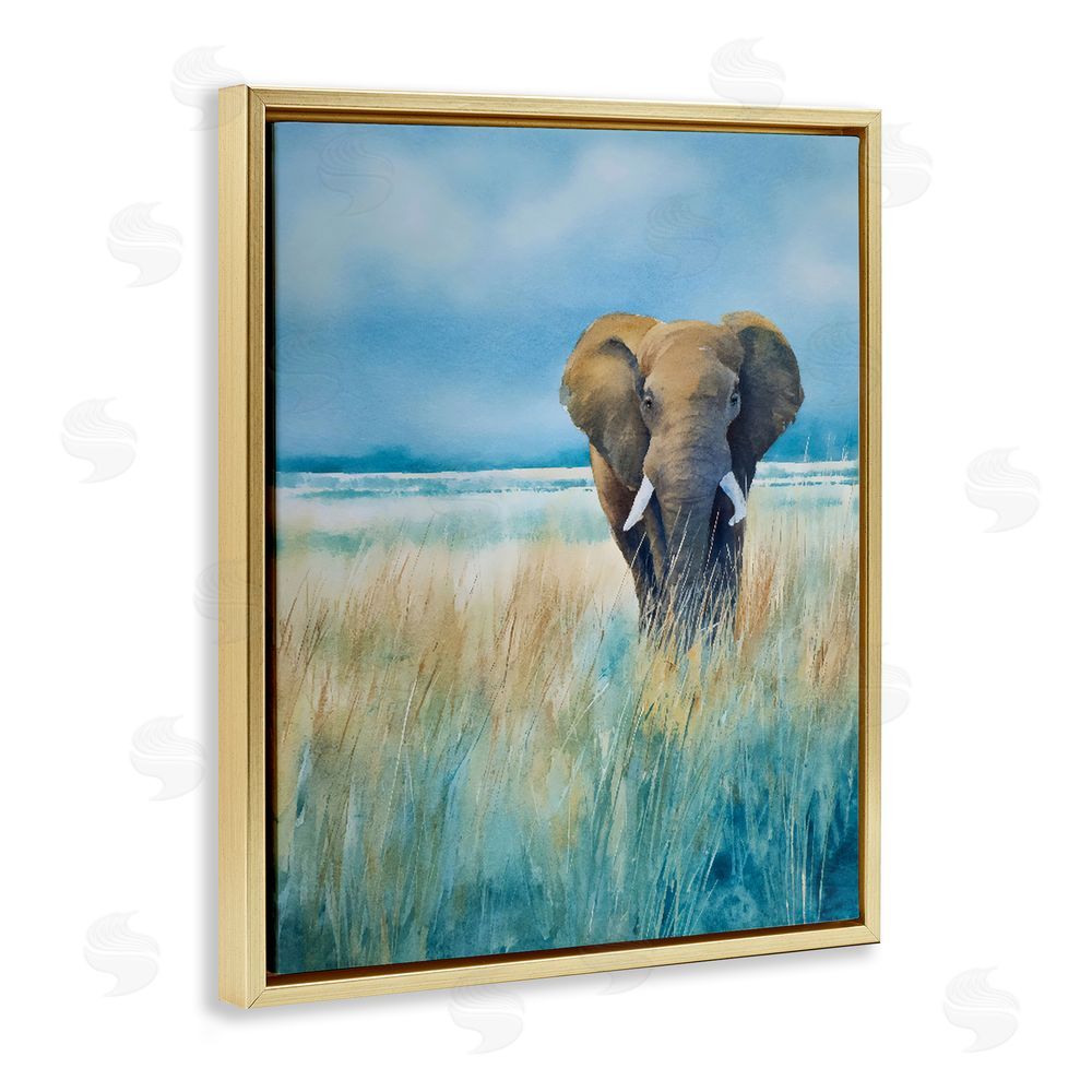 Franklyn Gregory Blue Grass Elephant Gold Floating Frame Stretched Canvas Wall Art Print