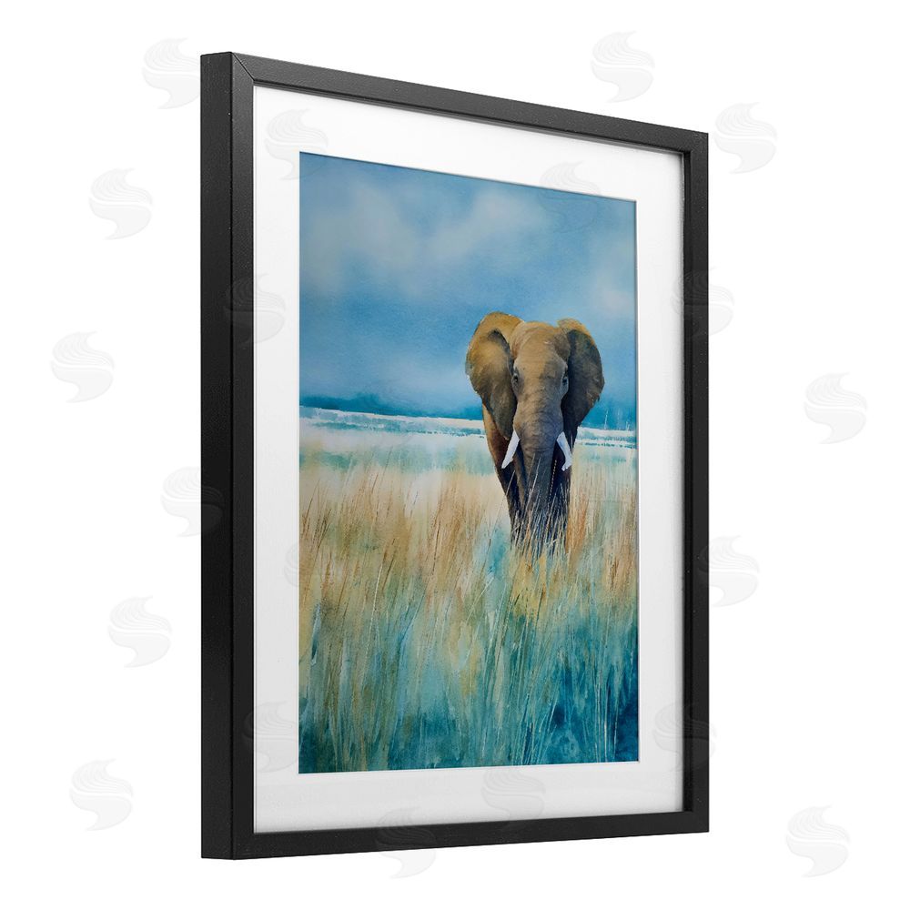 Franklyn Gregory Blue Grass Elephant Black Framed Print Under Glass with Matting Wall Art