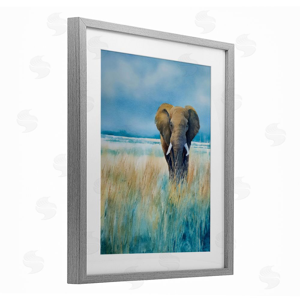 Franklyn Gregory Blue Grass Elephant Gray Framed Print Under Glass with Matting Wall Art