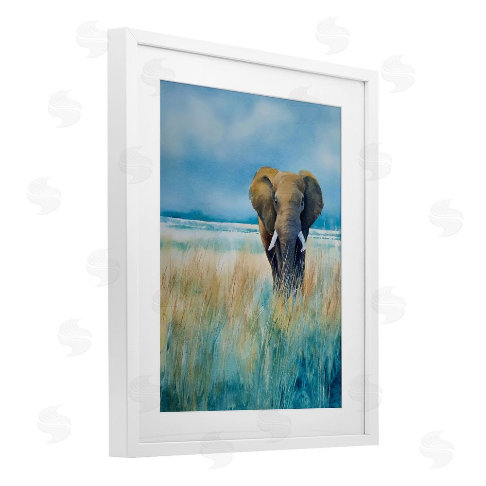 Franklyn Gregory Blue Grass Elephant White Framed Print Under Glass with Matting Wall Art