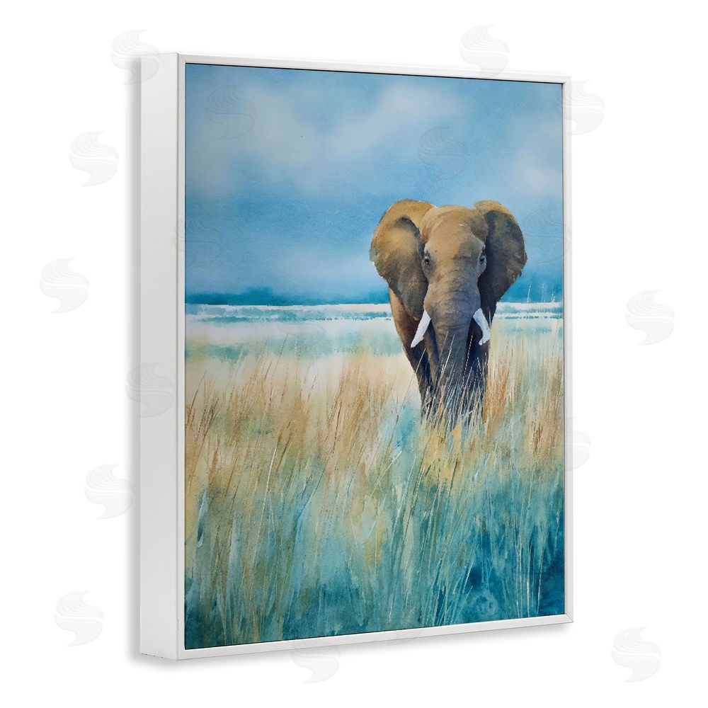 Franklyn Gregory Blue Grass Elephant White Framed Giclee Wall Art Print