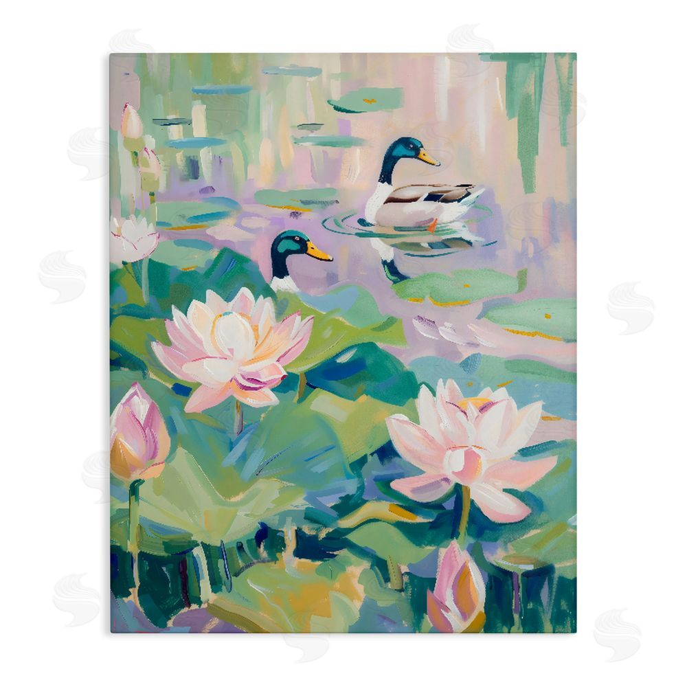 The Prints Vibe Duck Pond with Lotus Flowers Stretched Canvas Wall Art