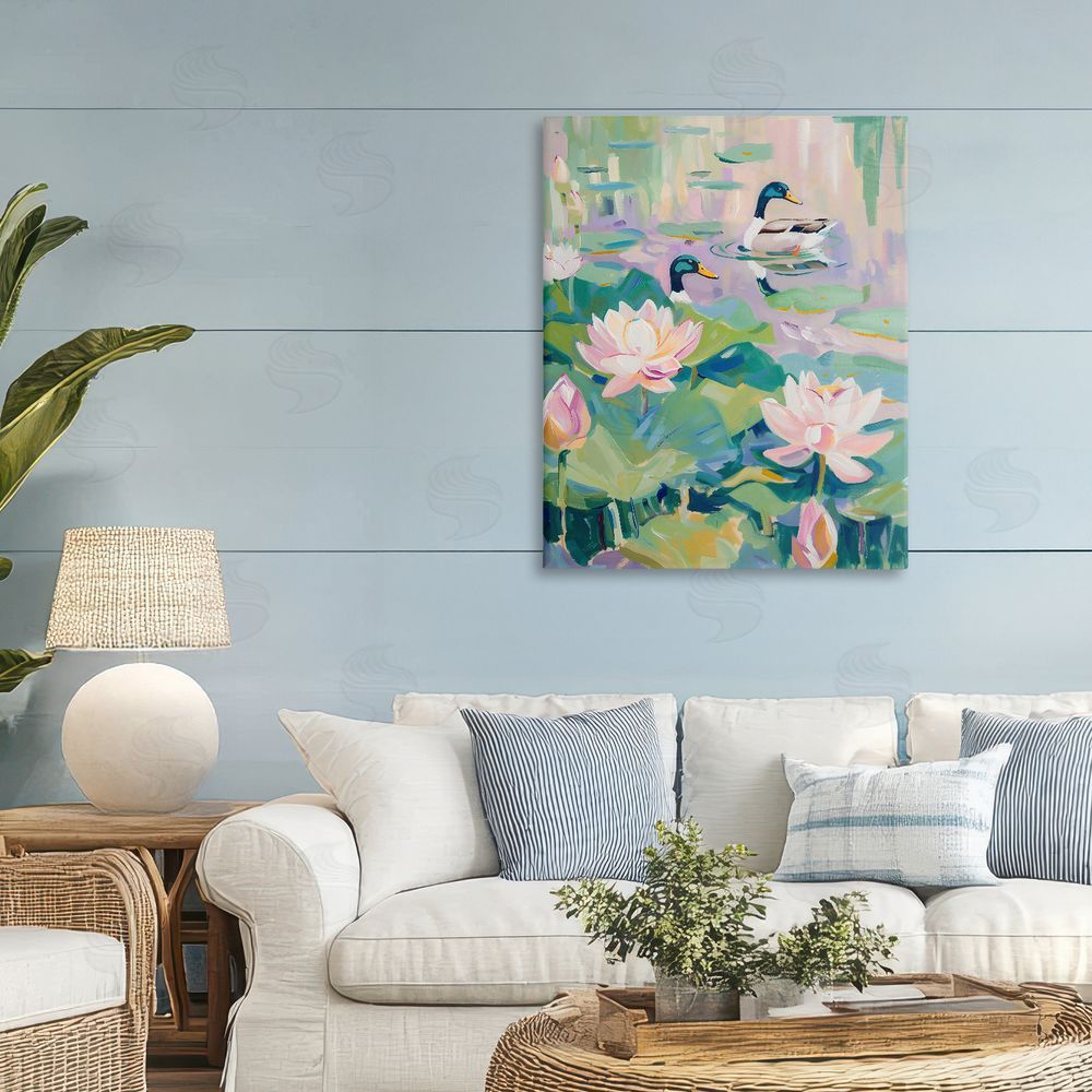 The Prints Vibe Duck Pond with Lotus Flowers Stretched Canvas Wall Art in Room