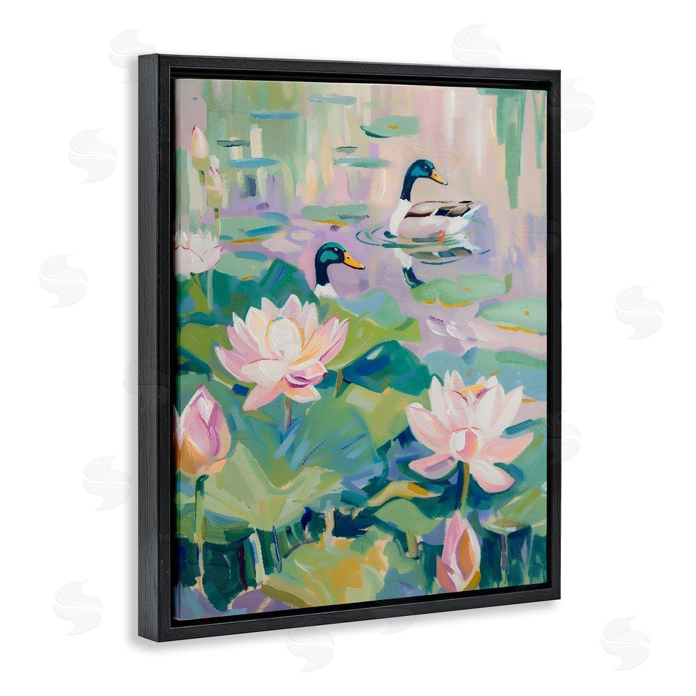 The Prints Vibe Duck Pond with Lotus Flowers Black Floating Frame Canvas Wall Art Print