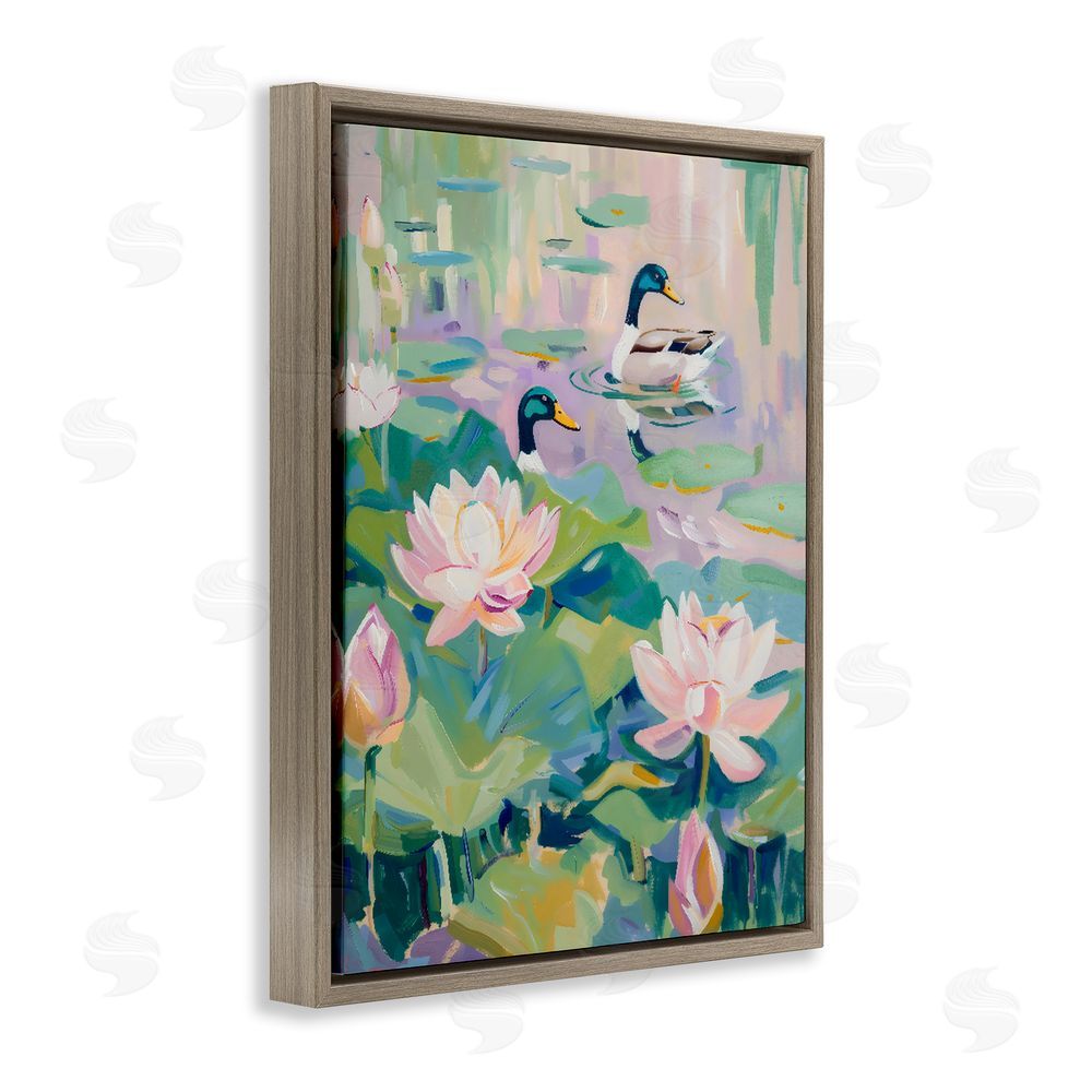 The Prints Vibe Duck Pond with Lotus Flowers Brown Floating Frame Canvas Wall Art Print