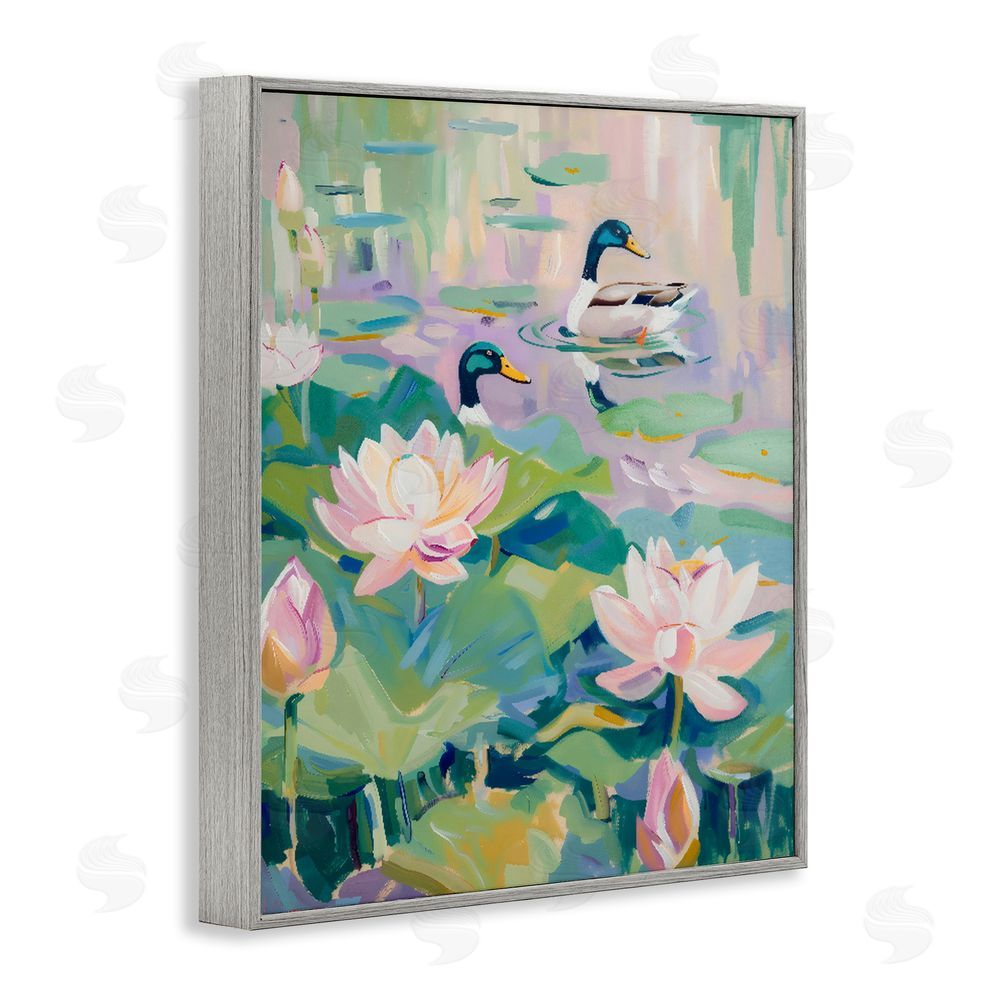 The Prints Vibe Duck Pond with Lotus Flowers Gray Framed Giclee Wall Art Print