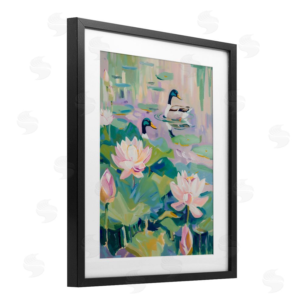 The Prints Vibe Duck Pond with Lotus Flowers Black Framed Print Under Glass Wall Art