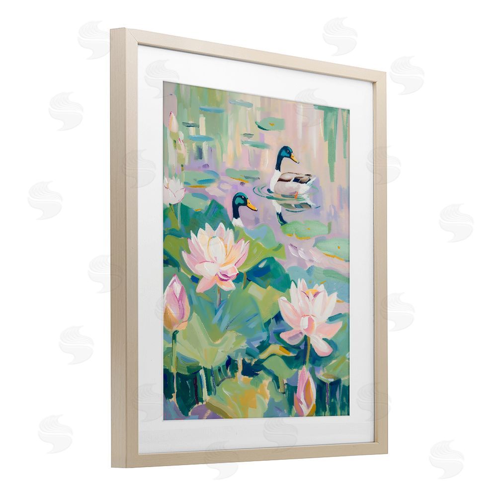 The Prints Vibe Duck Pond with Lotus Flowers Brown Framed Print Under Glass Wall Art