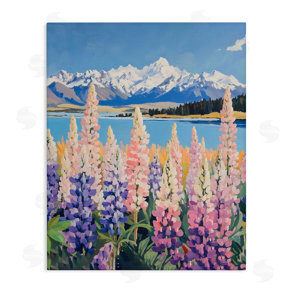 The Prints Vibe Mountains & Wildflowers by Lake Stretched Canvas Wall Art