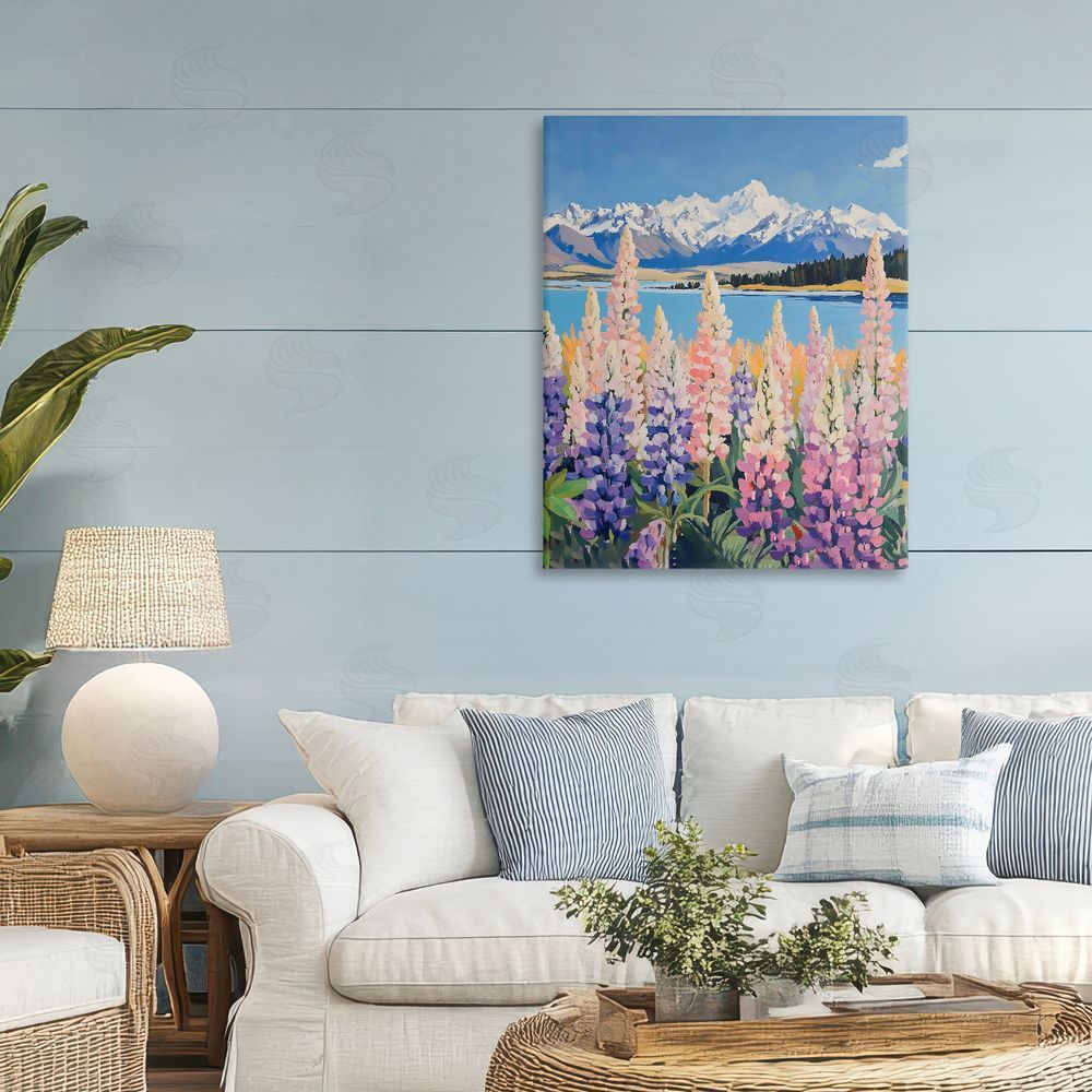 The Prints Vibe Mountains & Wildflowers by Lake Stretched Canvas Wall Art in Room