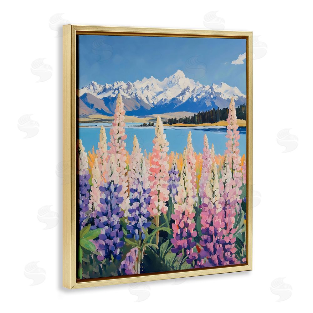 The Prints Vibe Mountains & Wildflowers by Lake Gold Floating Framed Canvas Wall Art