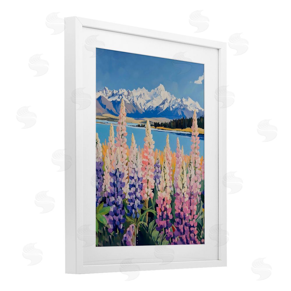 The Prints Vibe Mountains & Wildflowers by Lake White Framed Print Under Glass Wall Art