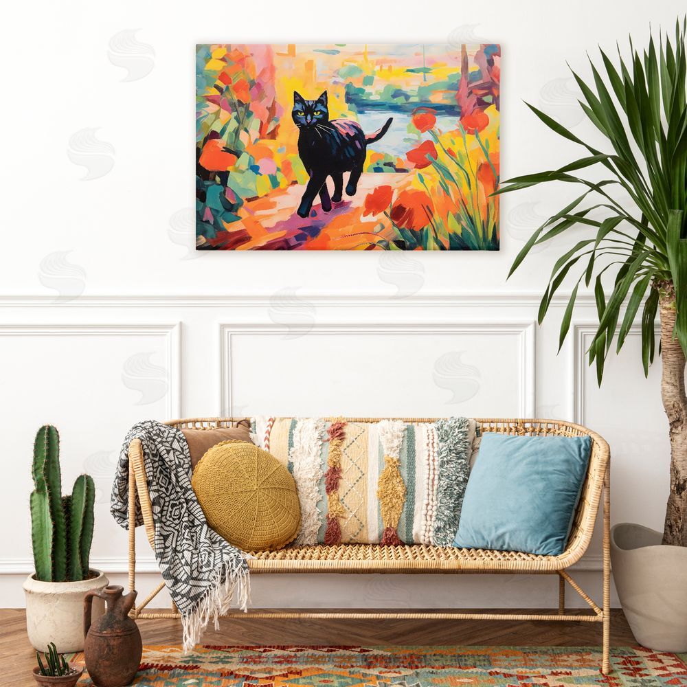 Creative Studio Sunlit Black Cat in Garden Stretched Canvas on Wall