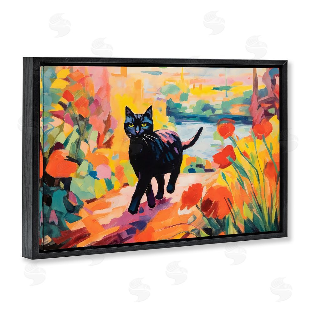 Creative Studio Sunlit Black Cat in Garden Black Floating Framed Canvas Wall Art Print