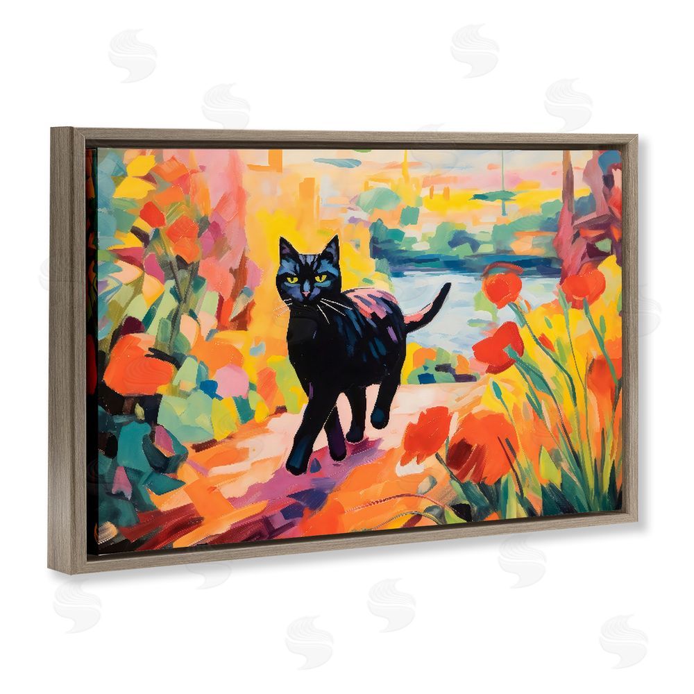 Creative Studio Sunlit Black Cat in Garden Brown Floating Framed Canvas Wall Art Print