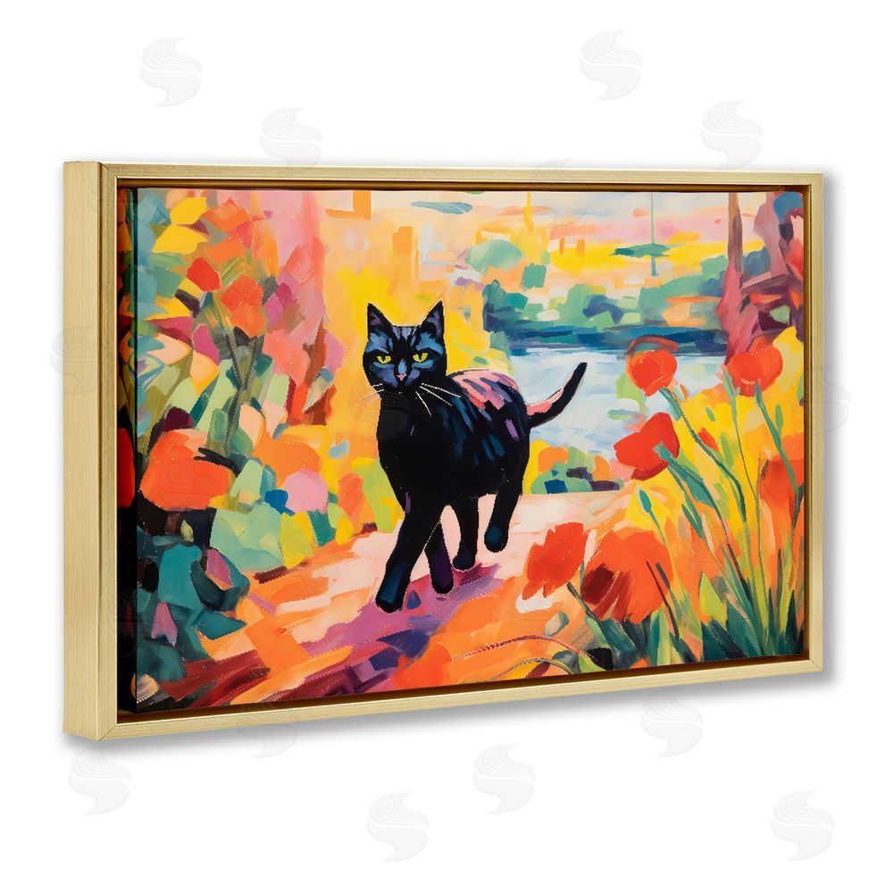 Creative Studio Sunlit Black Cat in Garden Gold Floating Framed Canvas Wall Art Print