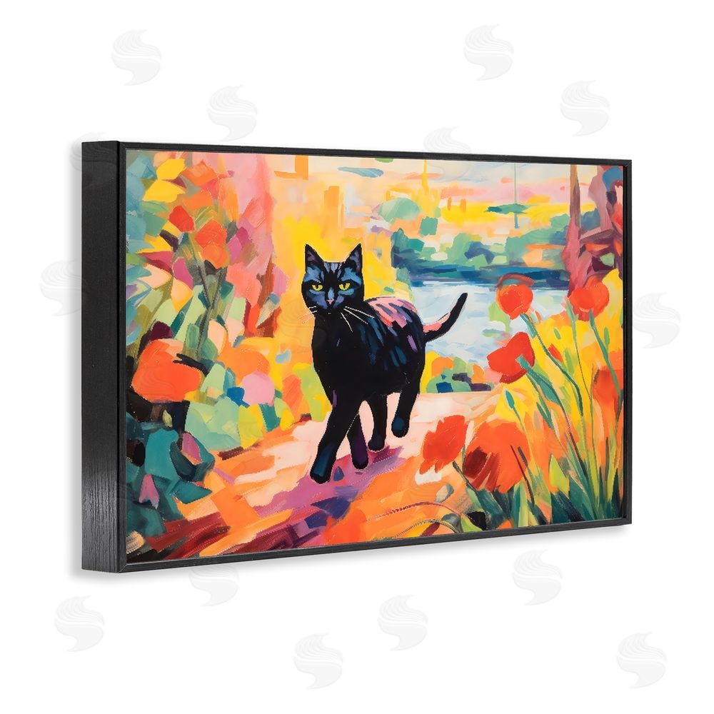 Creative Studio Sunlit Black Cat in Garden Black Framed Giclee Wall Art Print