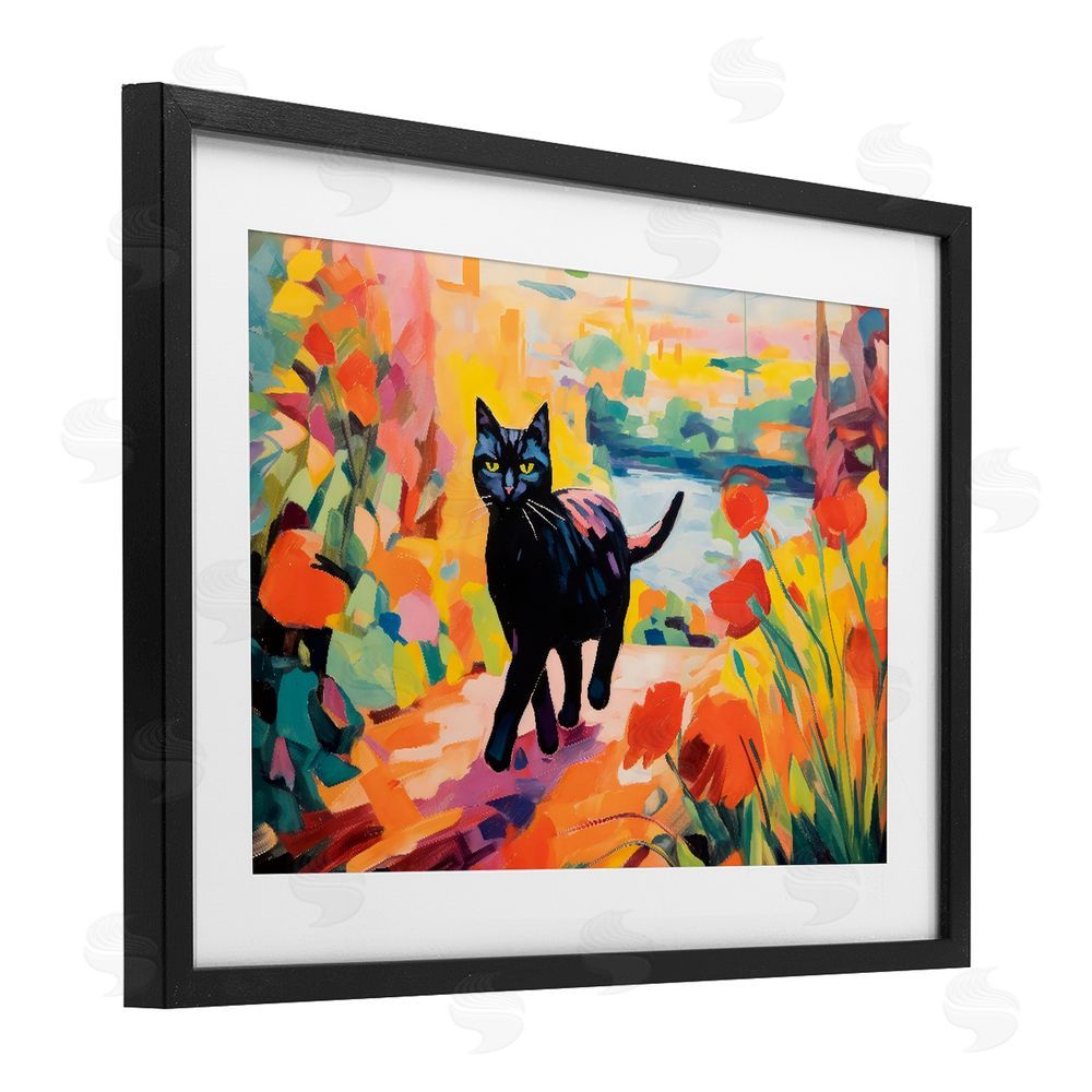Creative Studio Sunlit Black Cat in Garden Black Framed Print Under Glass with White Mat Wall Art