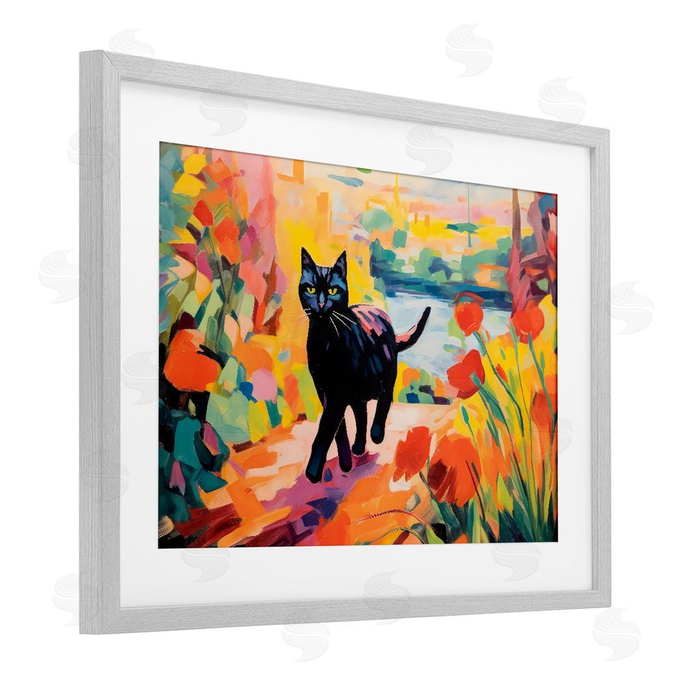Creative Studio Sunlit Black Cat in Garden Gray Framed Print Under Glass with White Mat Wall Art