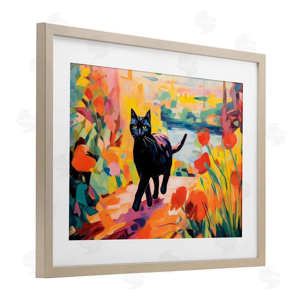 Creative Studio Sunlit Black Cat in Garden Brown Framed Print Under Glass with White Mat Wall Art