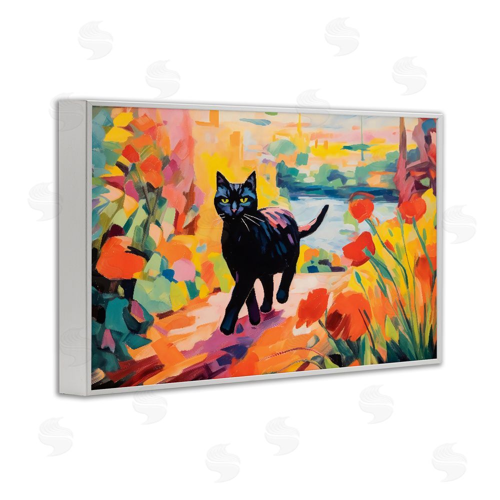 Creative Studio Sunlit Black Cat in Garden White Framed Giclee Wall Art Print