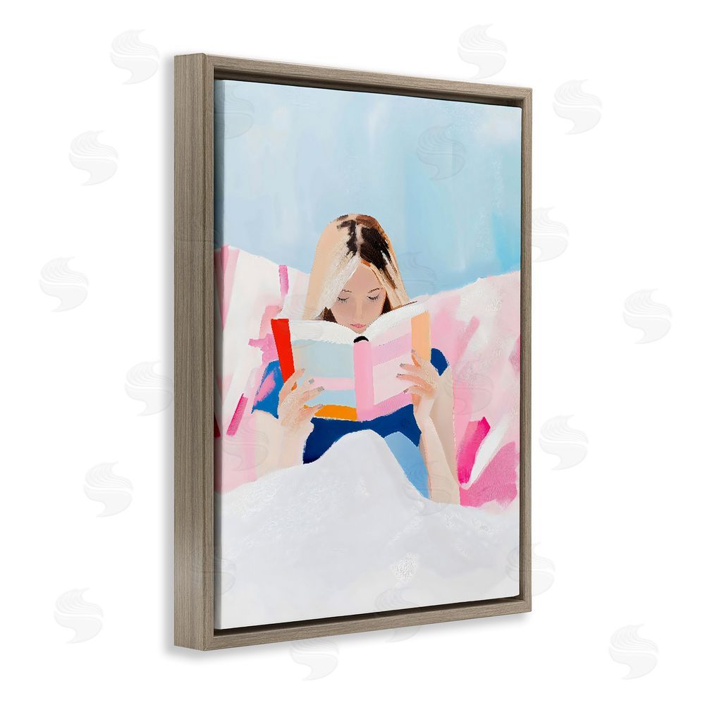 The Prints Vibe Cozy Reading In Bed Brown Floating Frame Canvas Wall Art Print