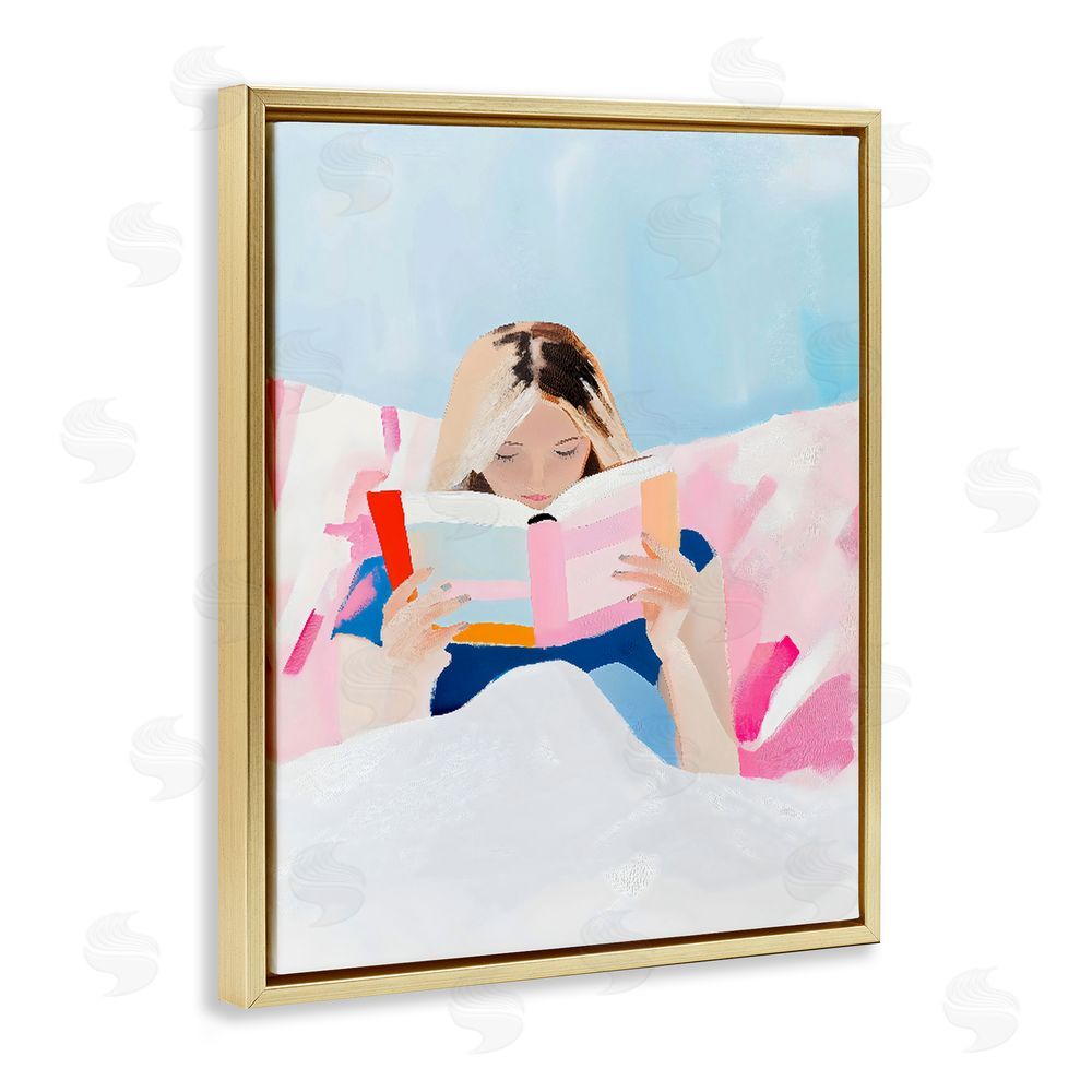 The Prints Vibe Cozy Reading In Bed Gold Floating Frame Canvas Wall Art Print
