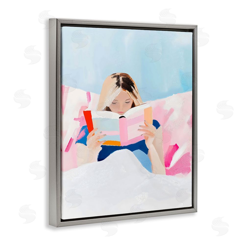 The Prints Vibe Cozy Reading In Bed Gray Floating Frame Canvas Wall Art Print