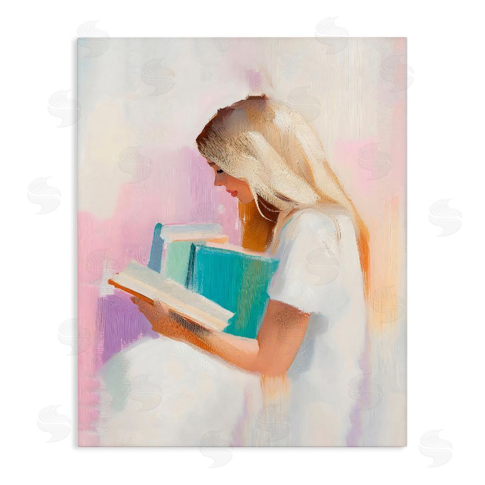 The Prints Vibe Book Lover Girl In White Stretched Canvas Wall Art Print