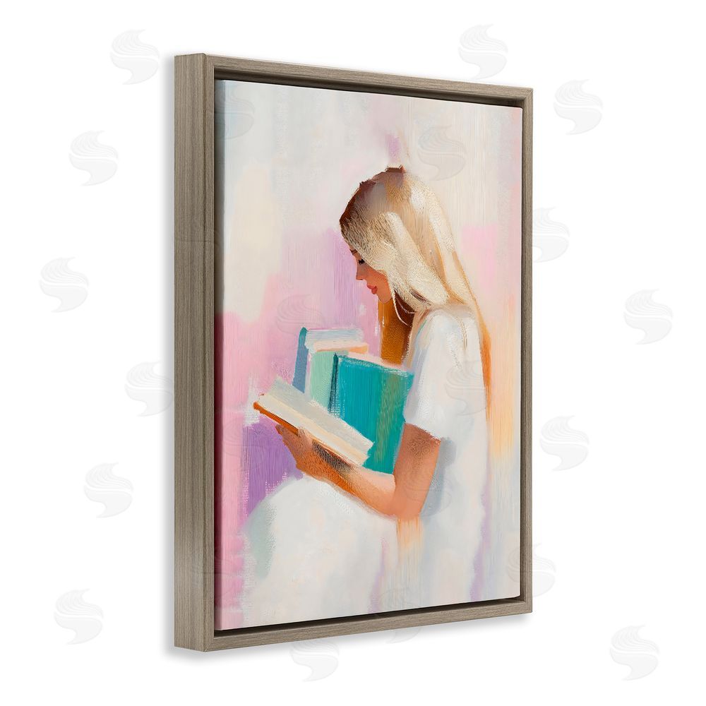 The Prints Vibe Book Lover Girl In White Brown Floating Frame Stretched Canvas Wall Art Print