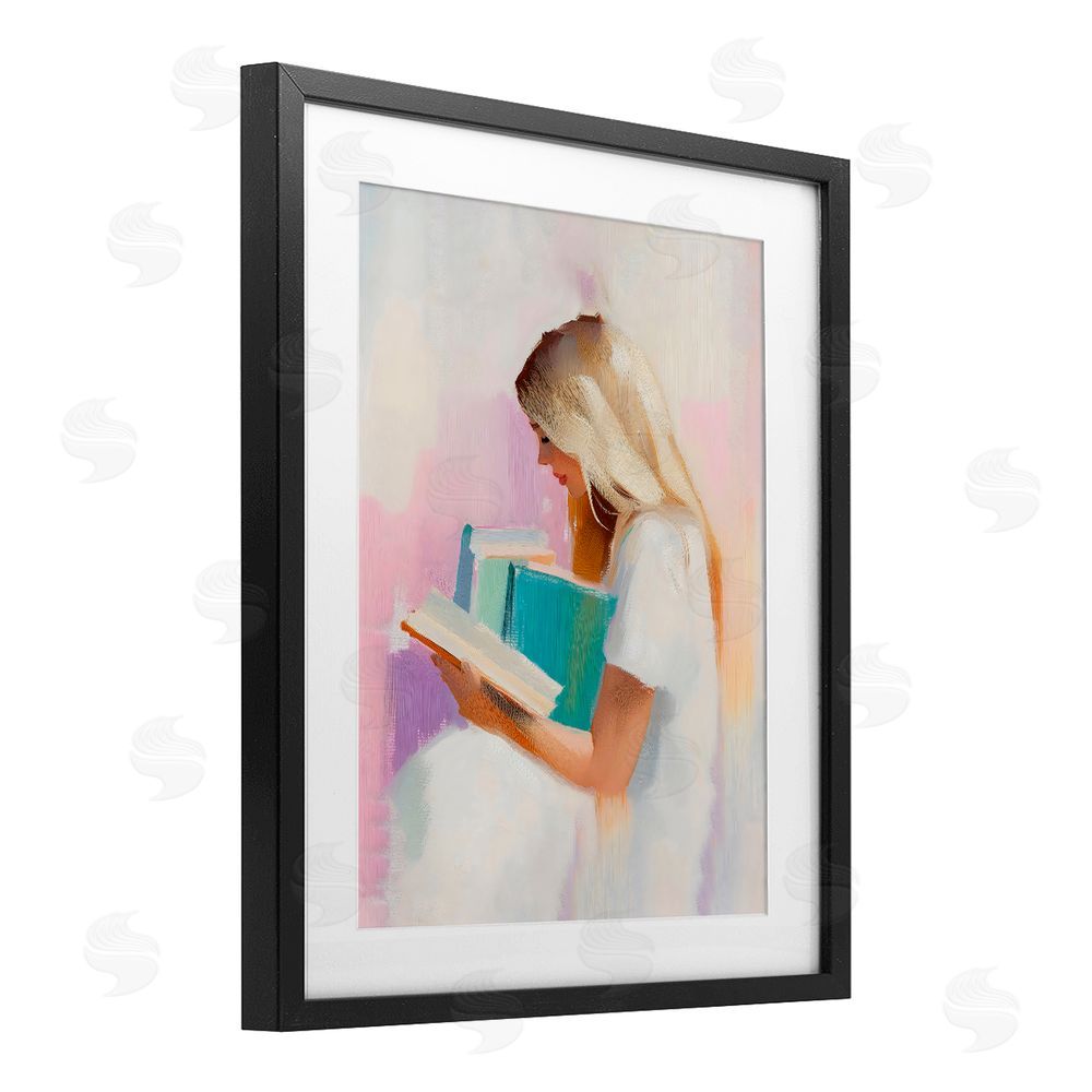 The Prints Vibe Book Lover Girl In White Black Framed Print Under Glass with Matting Wall Art