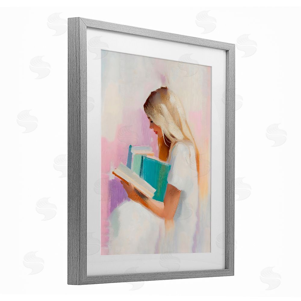 The Prints Vibe Book Lover Girl In White Gray Framed Print Under Glass with Matting Wall Art