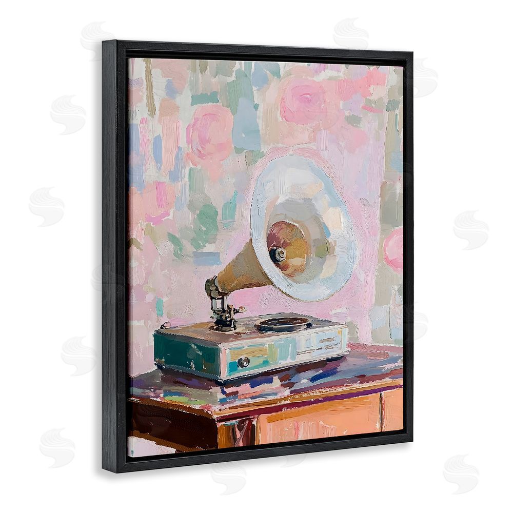 The Prints Vibe Vintage Gramophone in Soft Pastels Black Floating Framed Canvas Wall Art Print