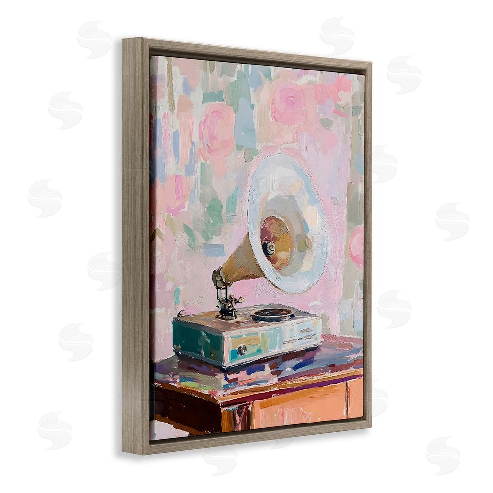 The Prints Vibe Vintage Gramophone in Soft Pastels Brown Floating Framed Canvas Wall Art Print