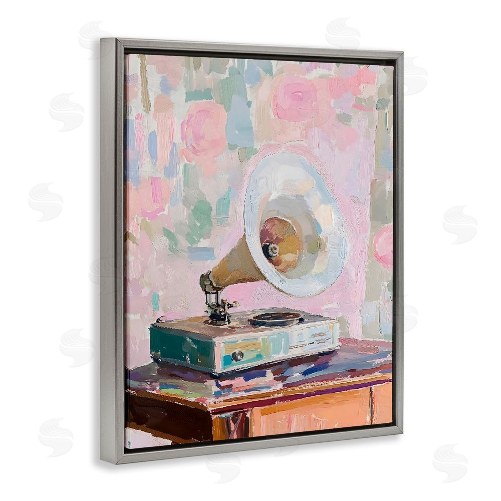 The Prints Vibe Vintage Gramophone in Soft Pastels Gray Floating Framed Canvas Wall Art Print