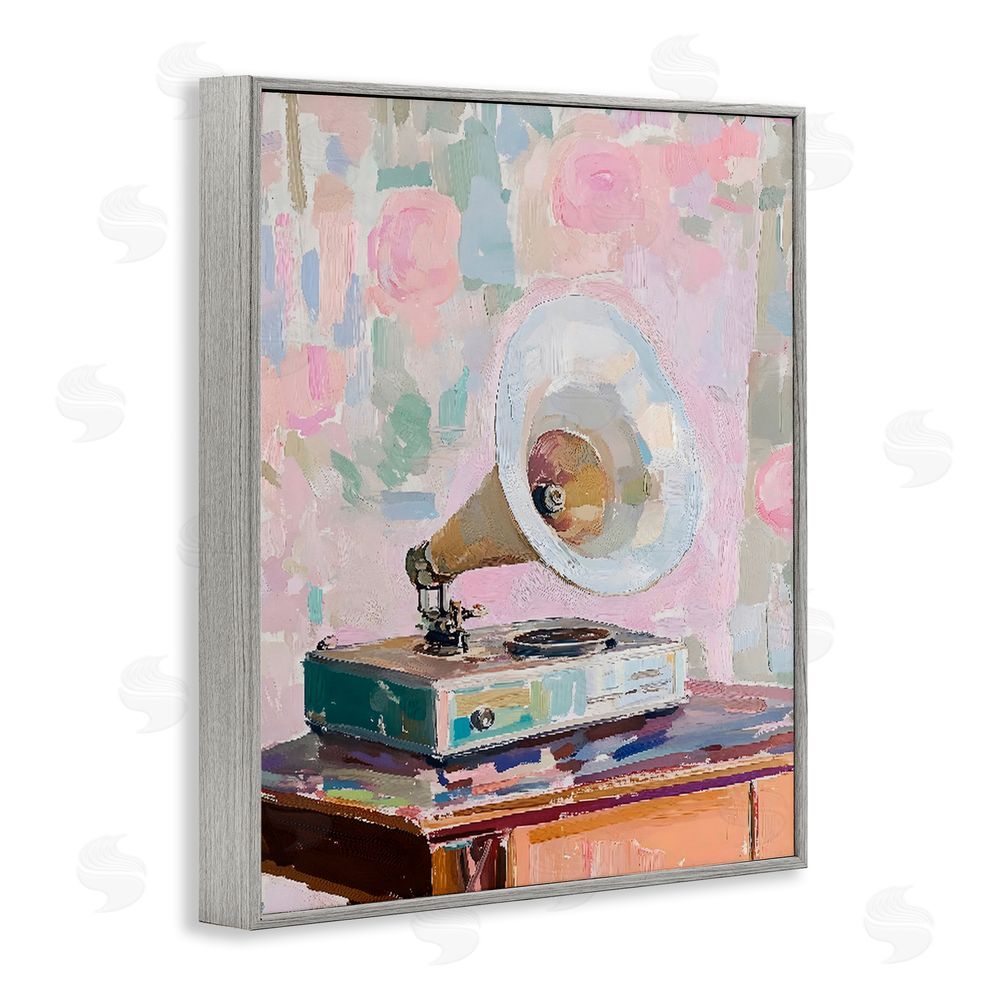 The Prints Vibe Vintage Gramophone in Soft Pastels Gray Framed Giclee Wall Art Print