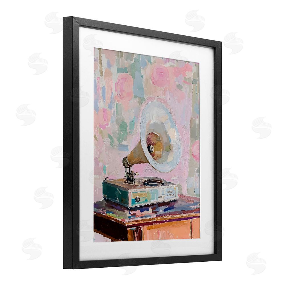 The Prints Vibe Vintage Gramophone in Soft Pastels Black Framed Print Under Glass with White Mat Wall Art
