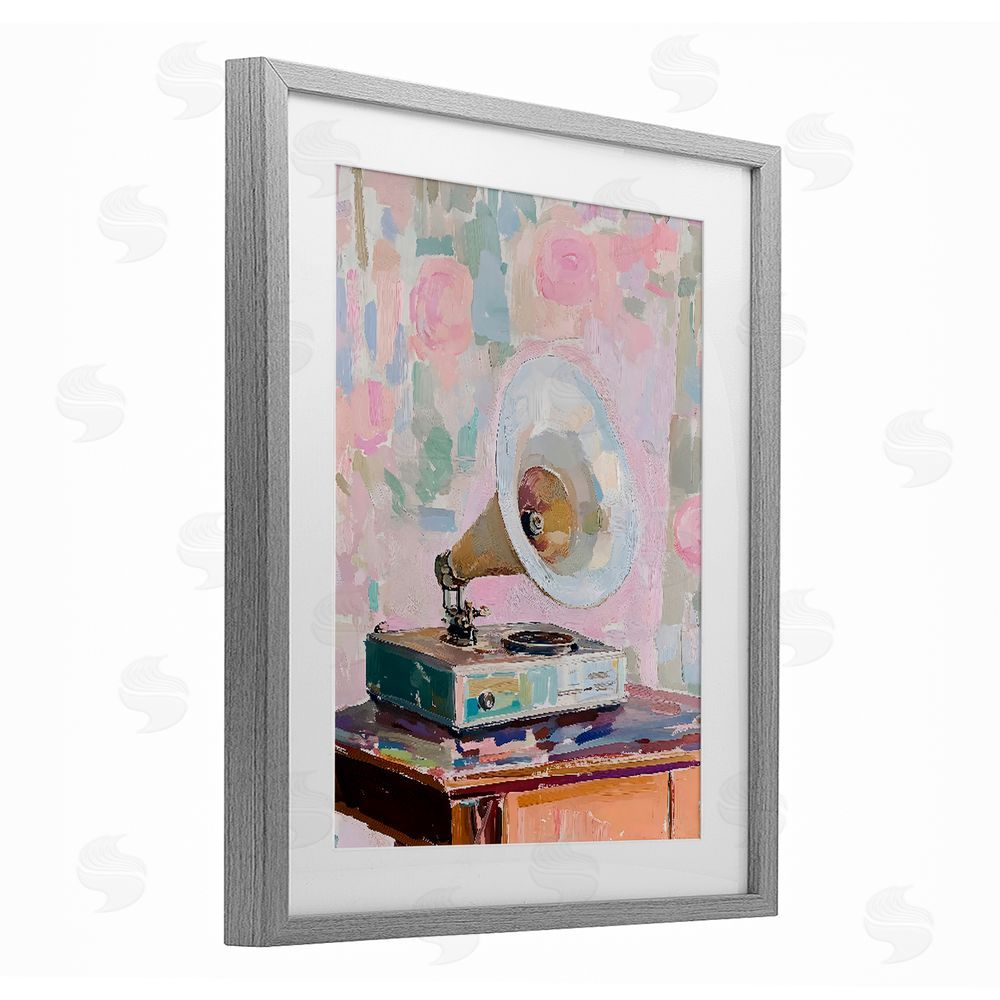 The Prints Vibe Vintage Gramophone in Soft Pastels Gray Framed Print Under Glass with White Mat Wall Art