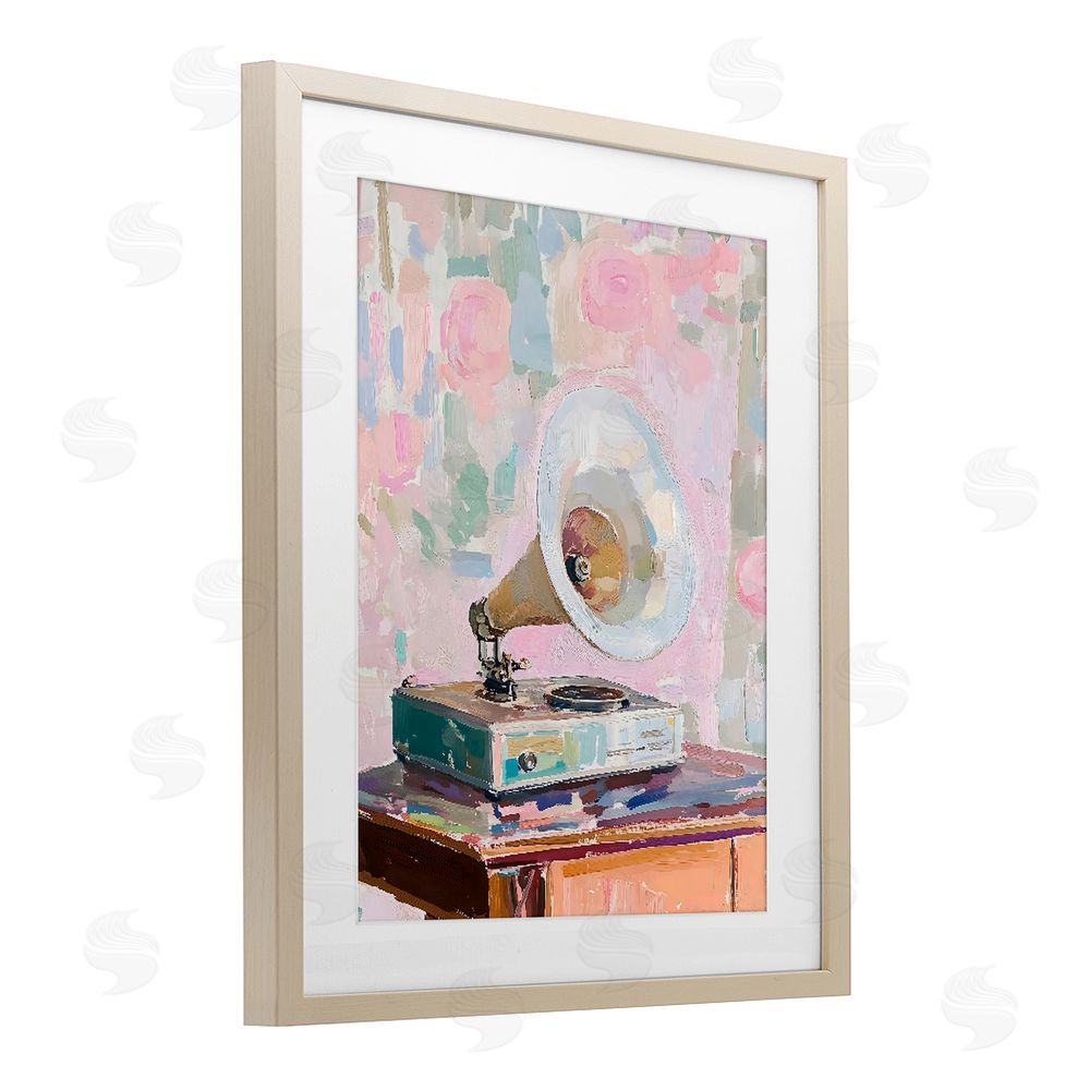 The Prints Vibe Vintage Gramophone in Soft Pastels Brown Framed Print Under Glass with White Mat Wall Art