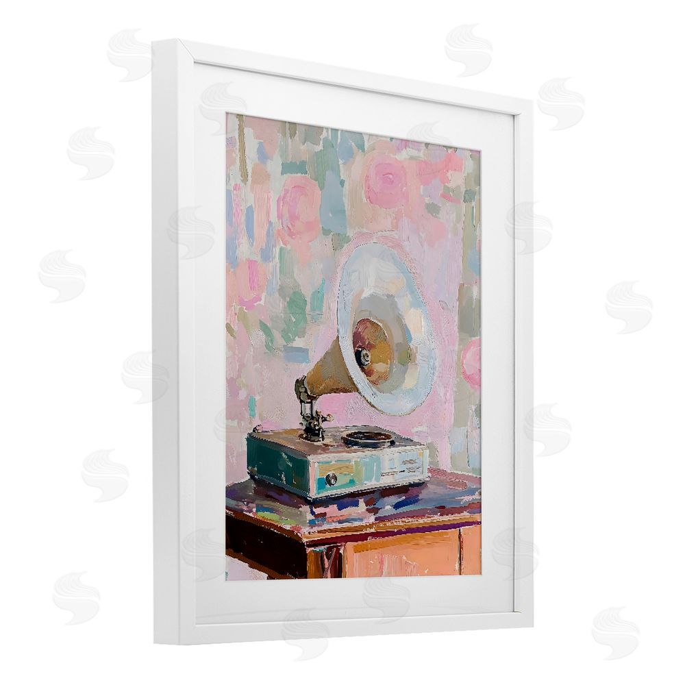 The Prints Vibe Vintage Gramophone in Soft Pastels White Framed Print Under Glass with White Mat Wall Art