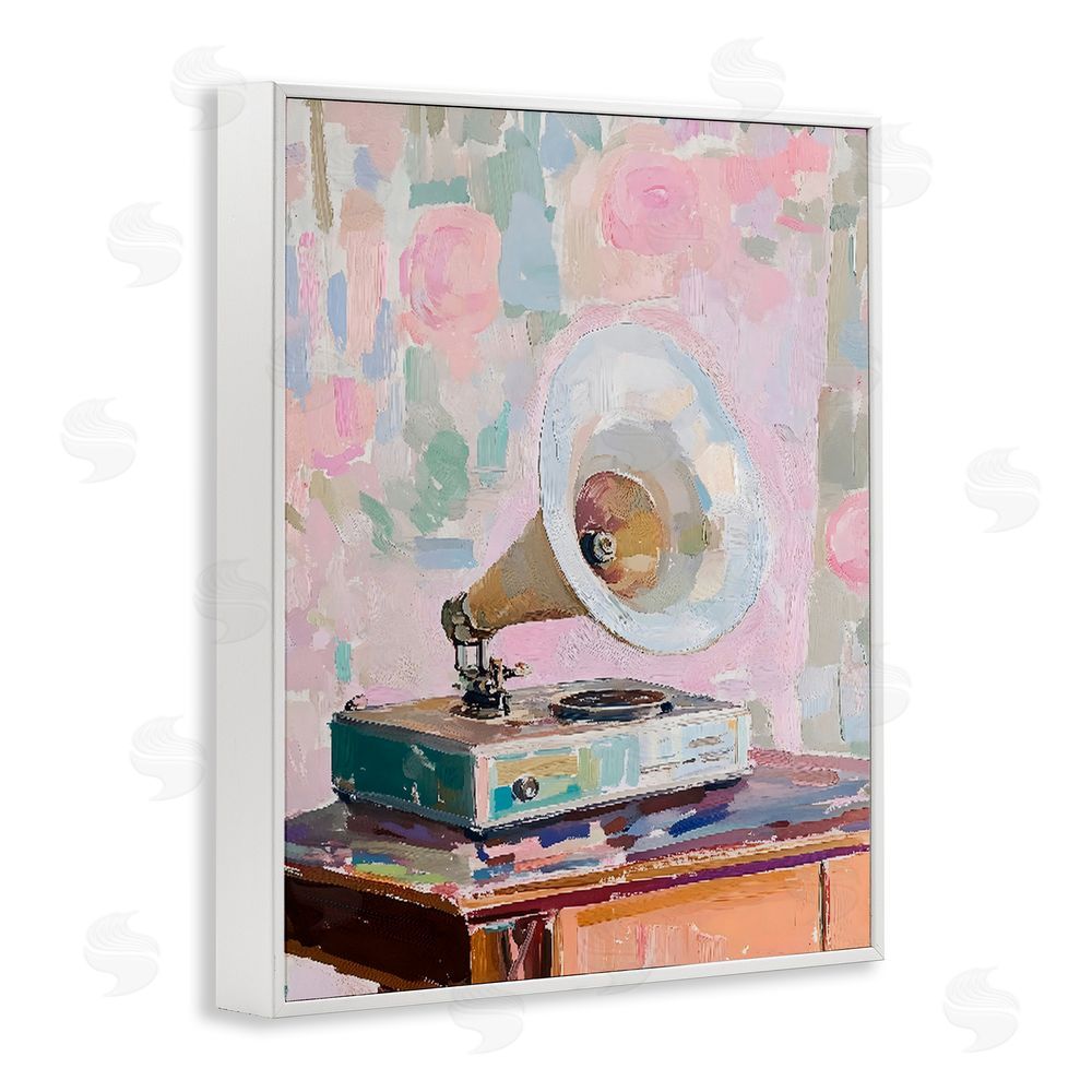 The Prints Vibe Vintage Gramophone in Soft Pastels White Framed Giclee Wall Art Print