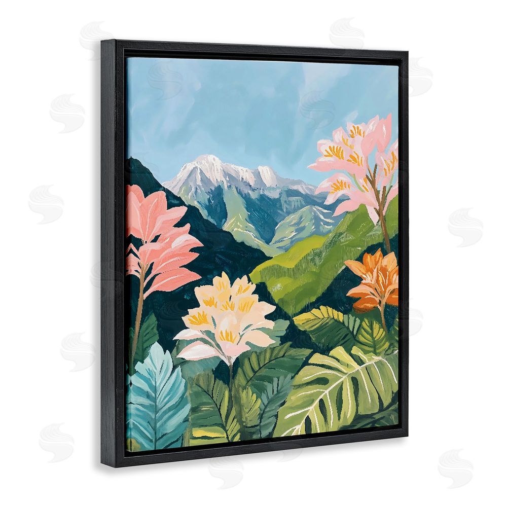 The Prints Vibe Tropical Mountain Landscape Black Floating Framed Canvas Wall Art Print