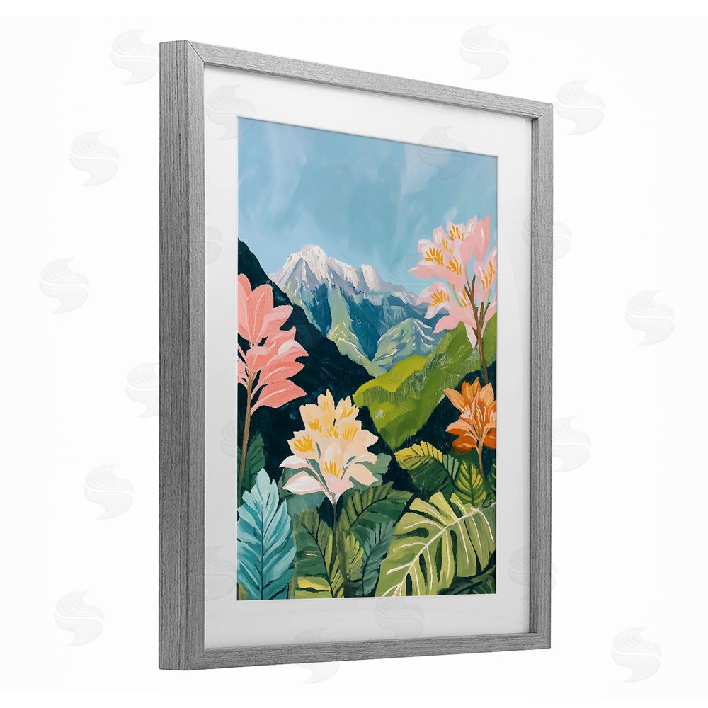 The Prints Vibe Tropical Mountain Landscape Gray Framed Print Under Glass with White Mat Wall Art